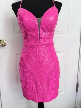 Hot Pink Sequin Mini Dress with Plunging V-Neck